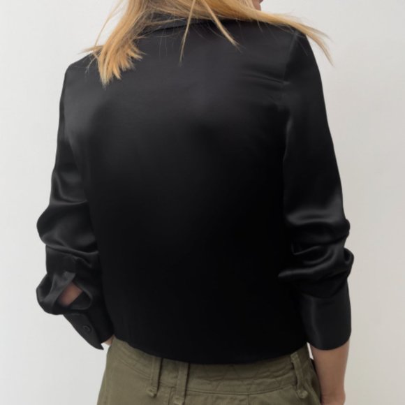 ZARA BLACK SHOULDER PAD SATIN EFFECT BUTTON DOWN SHIRT - Picture 8 of 14